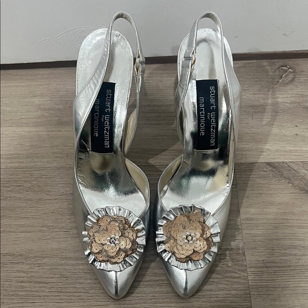 Vintage Stuart Weitzman Silver Floral Embellished‎ Slingback Heels Size 7.5